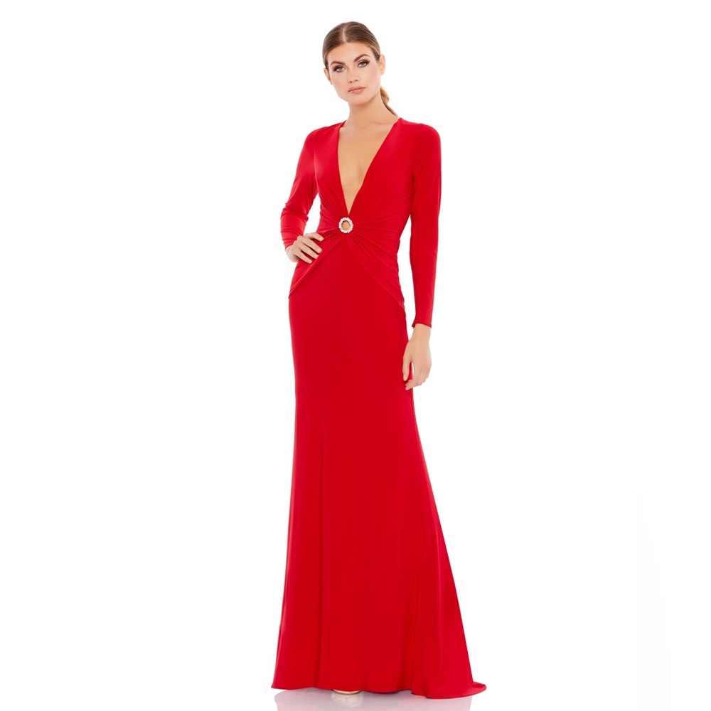 New Mac Duggal Ieena $398 Valentine Pearl Plunging Neckline Keyhole Gown Size 14